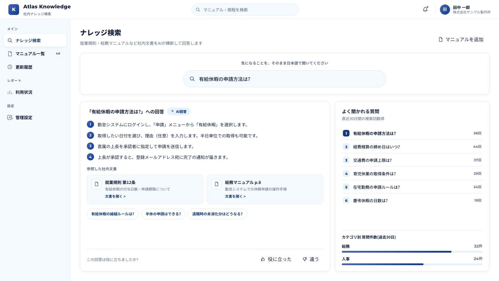 社内ナレッジ検索ツール「Atlas Knowledge」の画面。質問文への回答とマニュアルの出典リンク、よく聞かれる質問ランキングを表示。