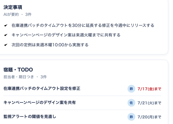 Atlas Notesの決定事項・宿題TODOリスト部分の拡大表示。担当者名と期日が一覧になっている。